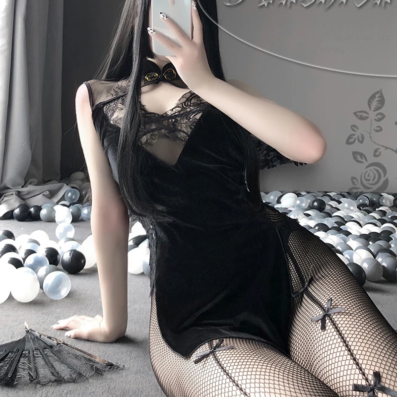 Exotic Women's Erotic Lingerie Sexy Lace See-through Bag Hip Skirt Retro Cheongsam Uniform Deep V Tulle Ladies Kawaii Underwear