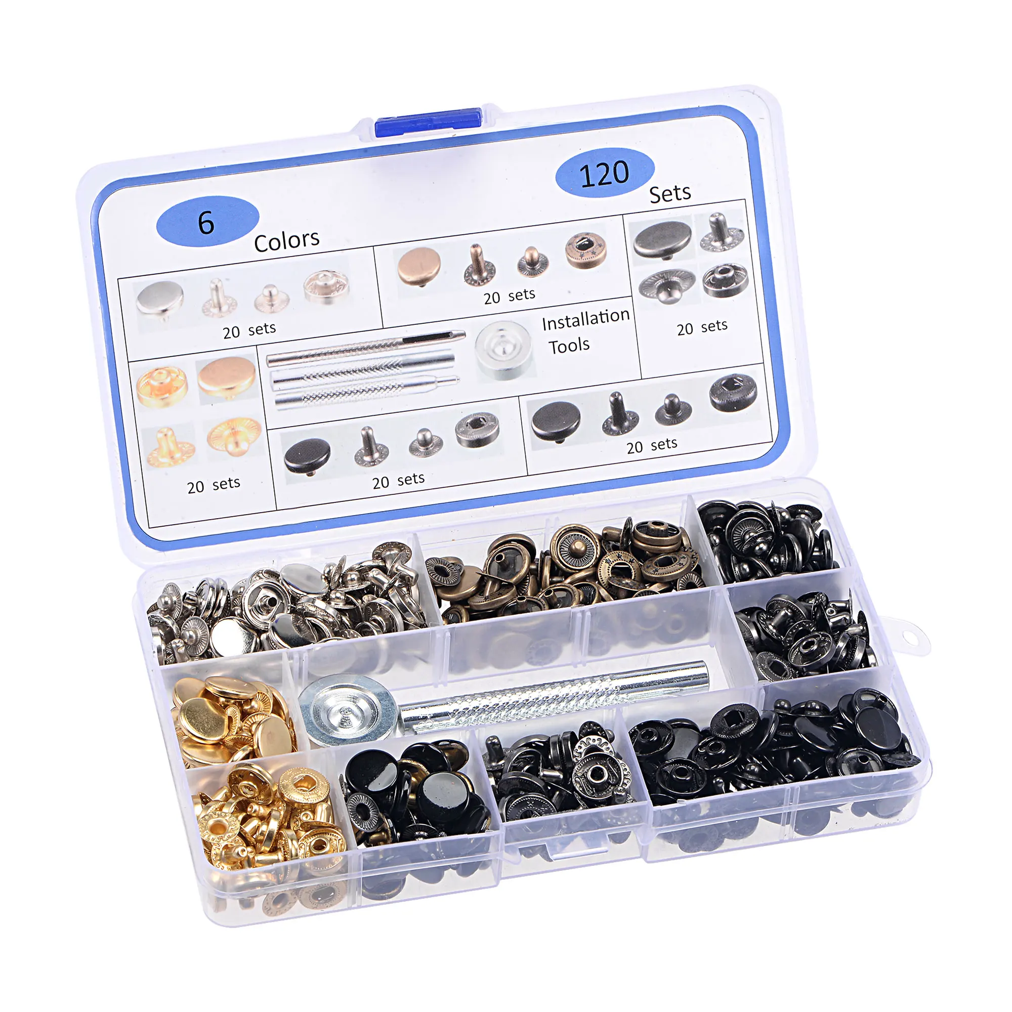 

Uxcell 120 Set Snap Buttons Tool Kit, 12.5mm 6 Colors Copper Sew-on Press Button Fastener for Leather Coat, Jeans, Bags