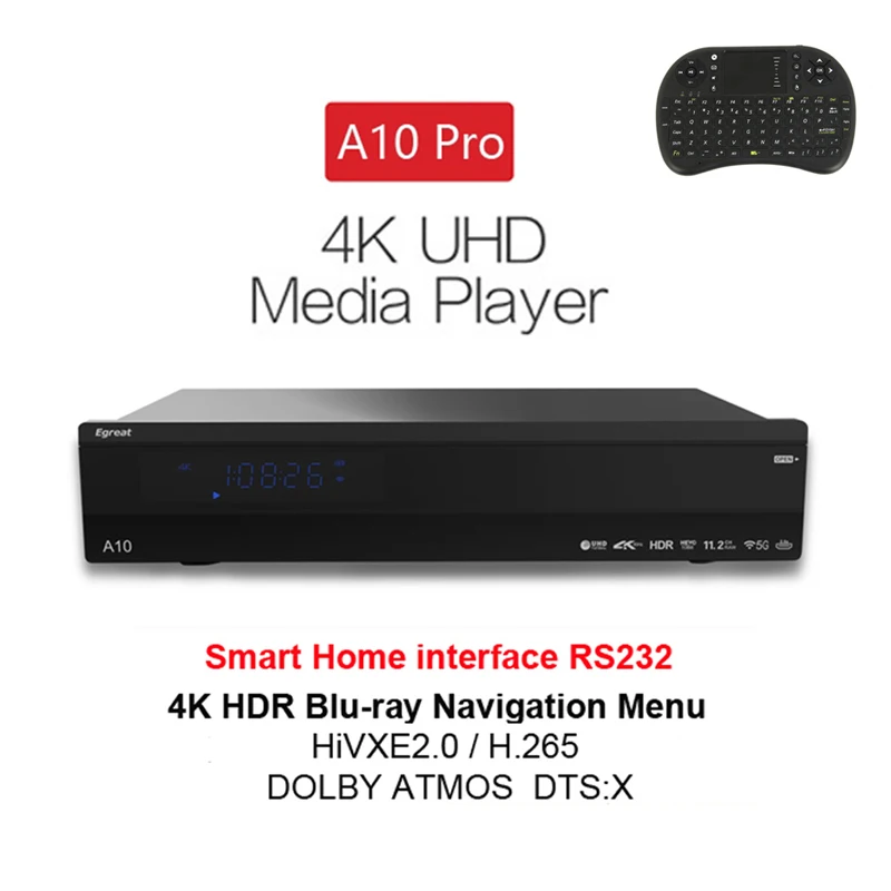 Медиаплеер Egreat 4K UHD ТВ приставка A10 PRO 2 ГБ/16 ГБ Wi Fi гигабитная LAN HDR 10 Blu Ray 3D DolbyATOMS