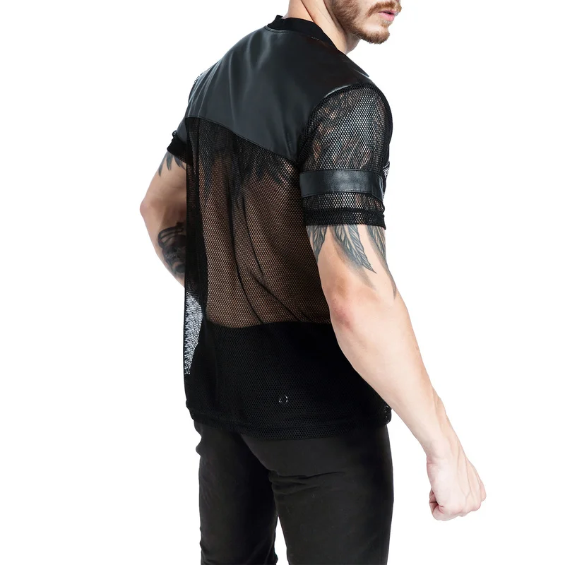 Men Undershirt Sheer Mesh PU Leather Patchwork T-shirts Breathable Gym Sports Jogging Shirts Male Wetlook Erotic Club Wear Tops | Мужская