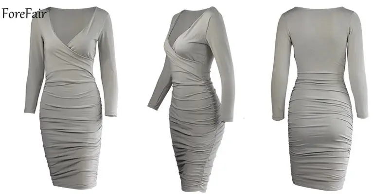 Forefair V Шеи Обертывание Bodycon миди платье черный зима осень для женщин с длинным рукавом Ruched Cross твердые сексуальные повседневные красные платья