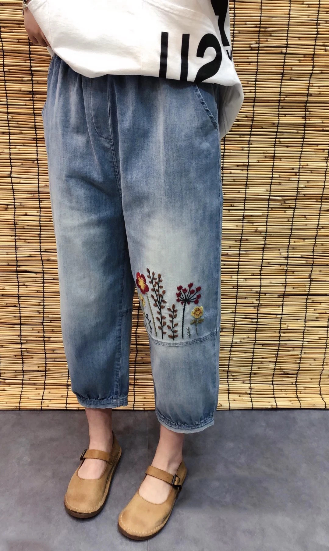 

Vintage Women Jeans Summer Plant Embroidery Loose Thin Washed Do Old Patchwork Casual High Waist All-Match New Denim Harem Pants
