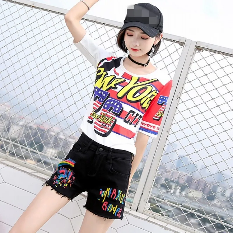 

High Waist Black Short Jeans Women Summer Slim Stretch Tassel Print Shorts Streetwear Fashion Painted Straight Denim Shorts