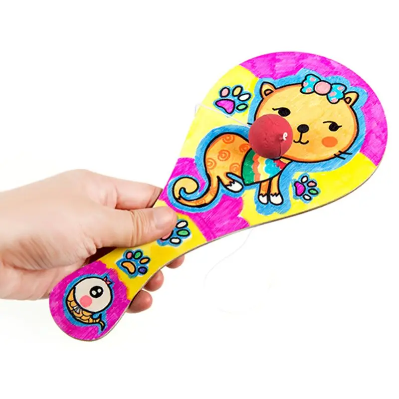 

9pcs/set Hand-painted Wooden Racket with Ball DIY Craft Cartoon Painting Graffiti Toy Kindergarten Kids Gift
