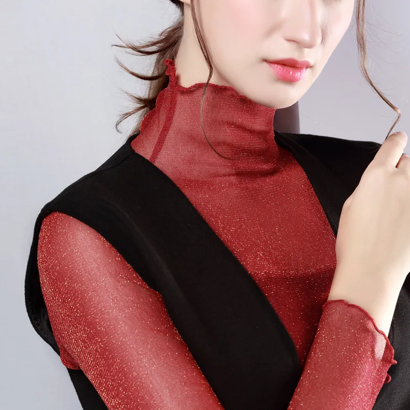 

Autumn new top women's high collar mesh gold silver slim large size long sleeve bottom coat