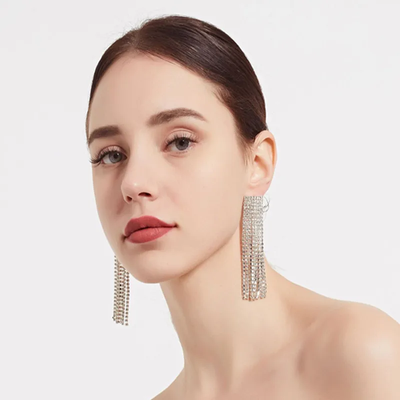 fashion big rhinestone tassel earrings for women long crystal statement fringe dangle Jewelry gift | Украшения и аксессуары