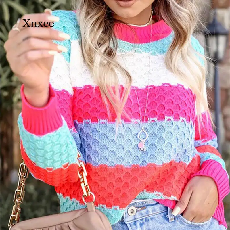 Женский трикотажный пуловер в полоску Свободный с круглым вырезом и длинным