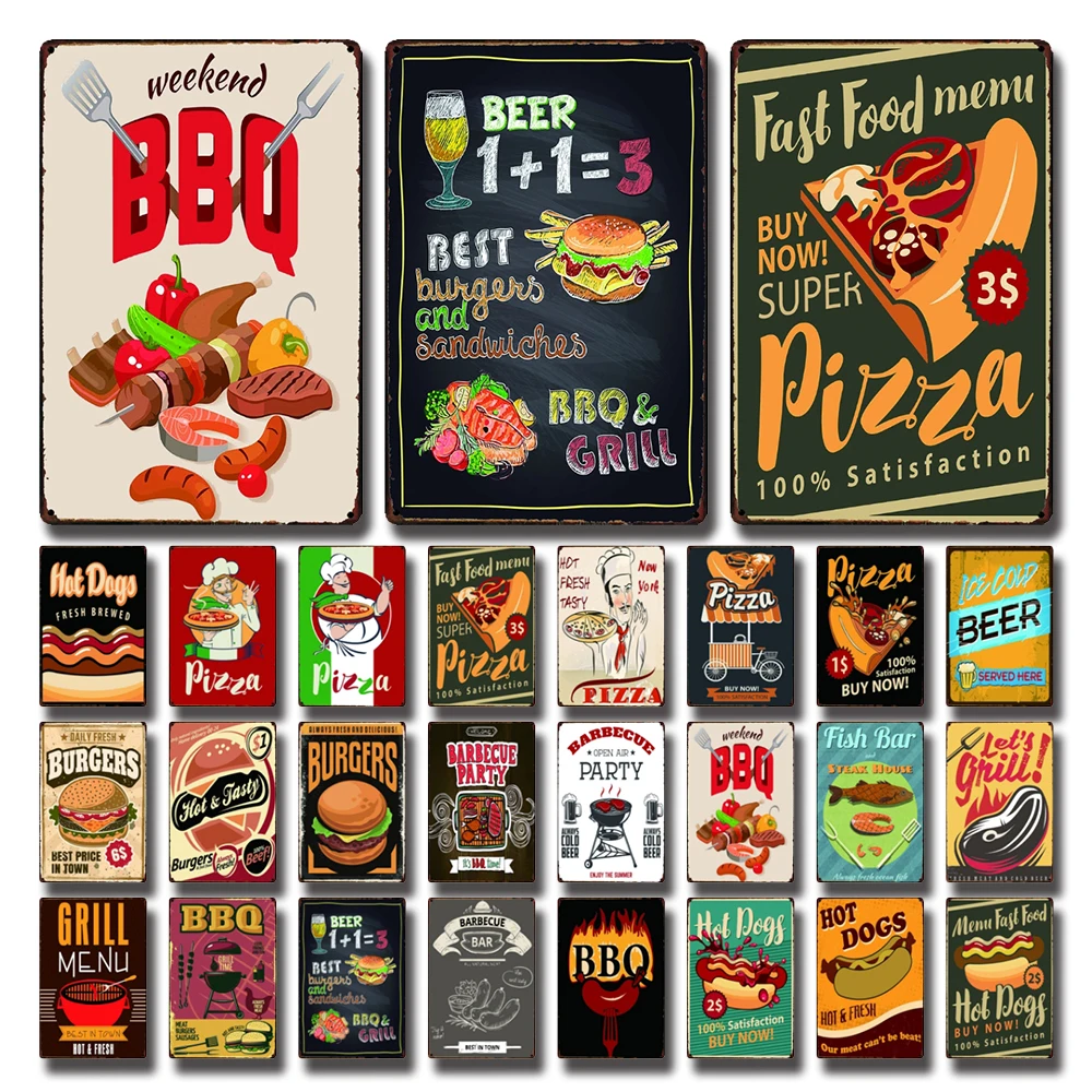 

[ Kelly66 ] Fast Food Hot Dogs BBQ Pizza Beer Burger Tin Poster Metal Sign Home Decor Bar Wall Art Painting 20*30 CM Size LAT-15