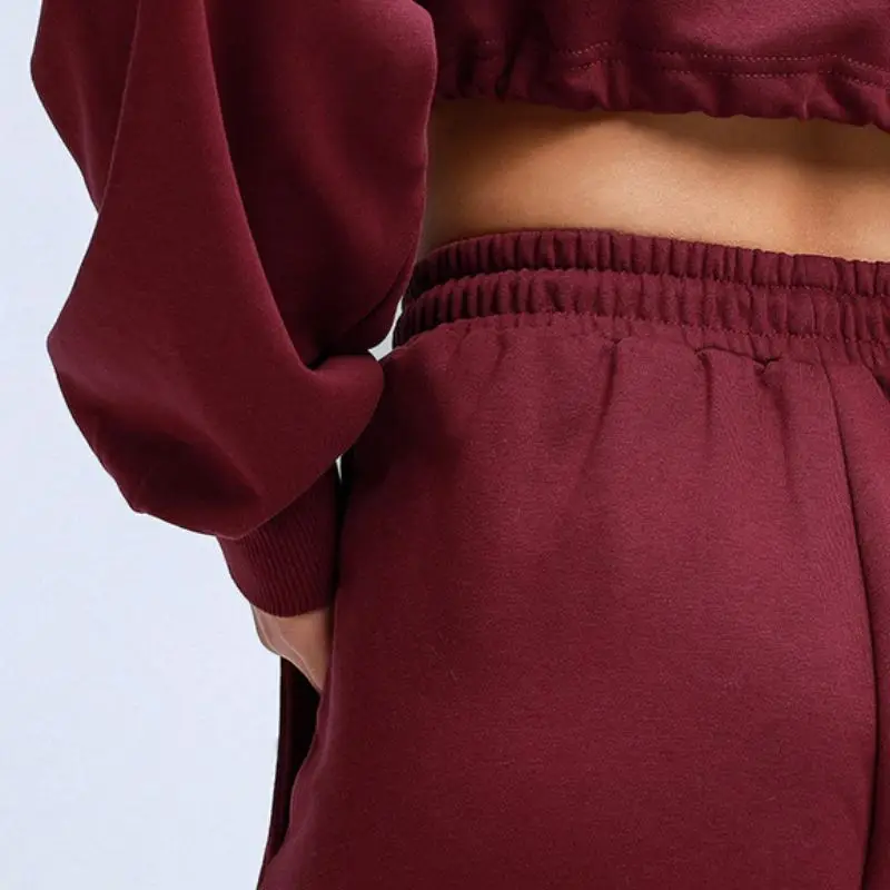 

EleeMee Hoodies Sets For Women Long Sleeve Lace Up Crop Top Casual Two Piece Sets Solid Color Sport Female Concise Size S-L