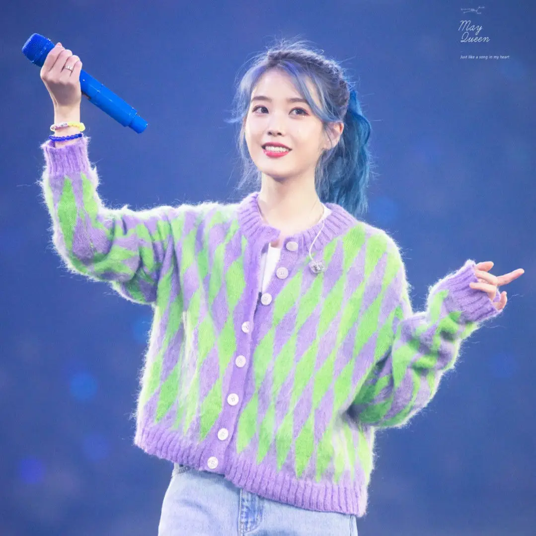 

IU same green purple diamond check Vintage sweater women's new Plaid cardigan