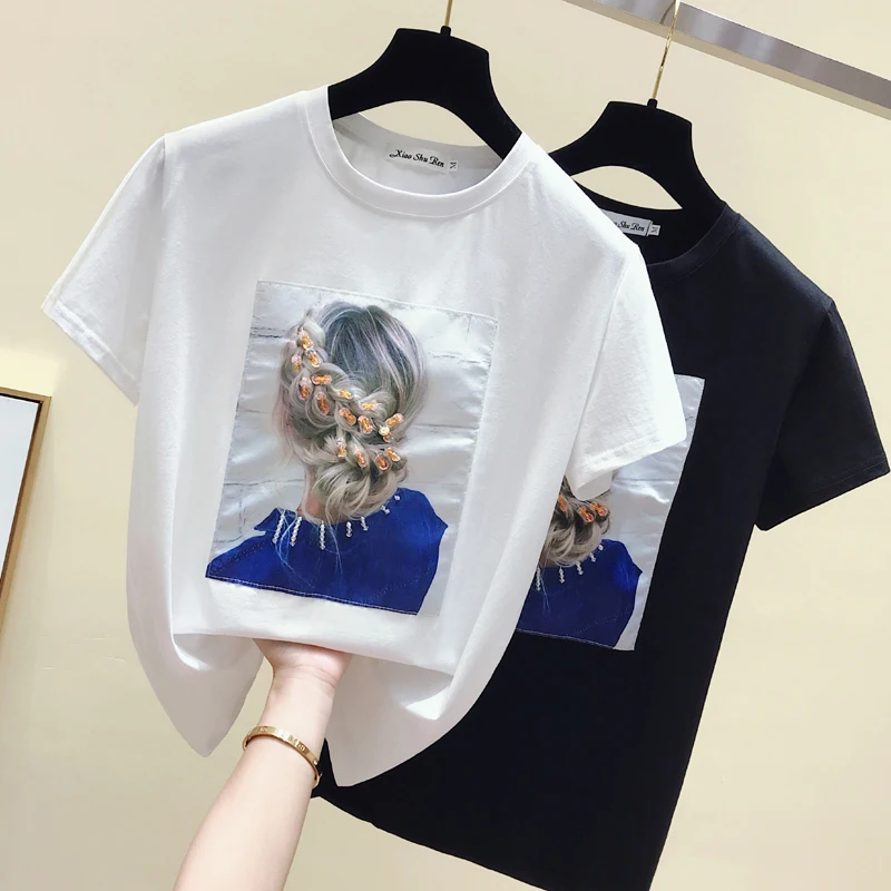

Korea Style Fashion T-shirt Women Tops Cotton Short Sleeve Appliques White Tshirt Women Summer Top Black Tee Shirt 2021