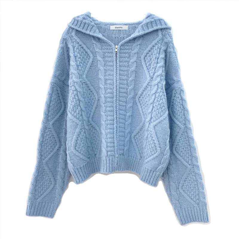 

Sweaters Women Ribbed Knitted Zipper Twist Thick Hooded Sweater Tops Autumn Winter Solid Ladies Cardigans Casual Crop Coats