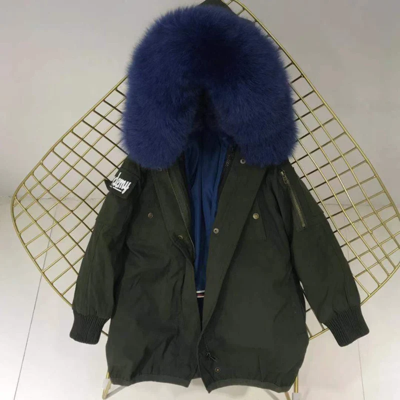 green lake blue fur Настоящий мех кролика, парки, пальто с капюшоном из лисьего меха, Детская куртка для мальчиков и девочек, ветровка, детская зимняя одежда - Цвет: green lake blue fur