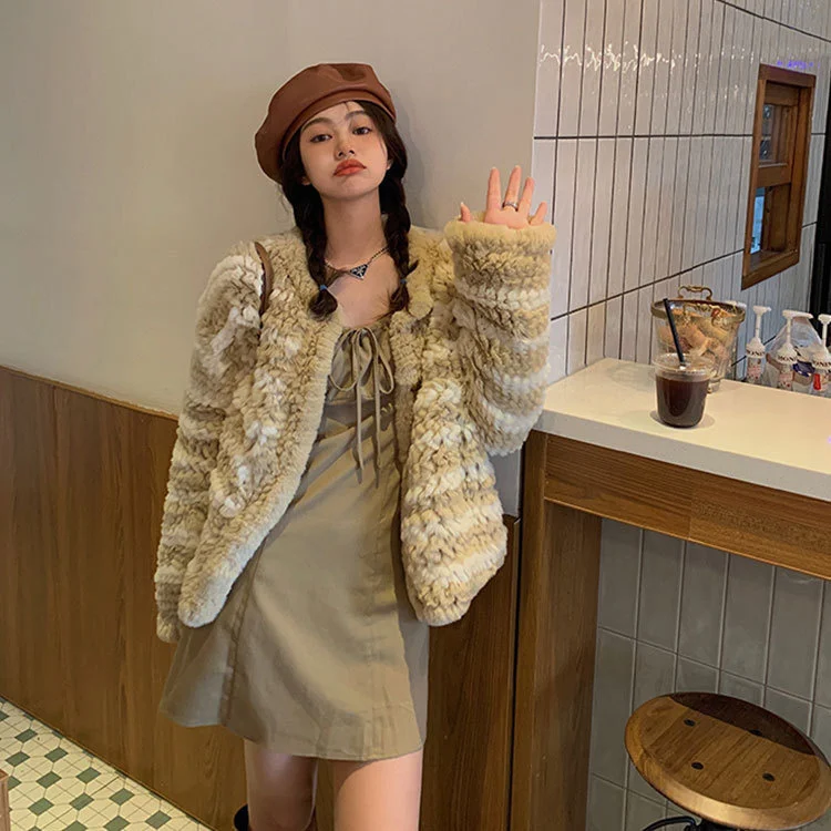 Шерстяной вязаный кардиган Haining из шерсти кролика Рекс в полоску шерстяное