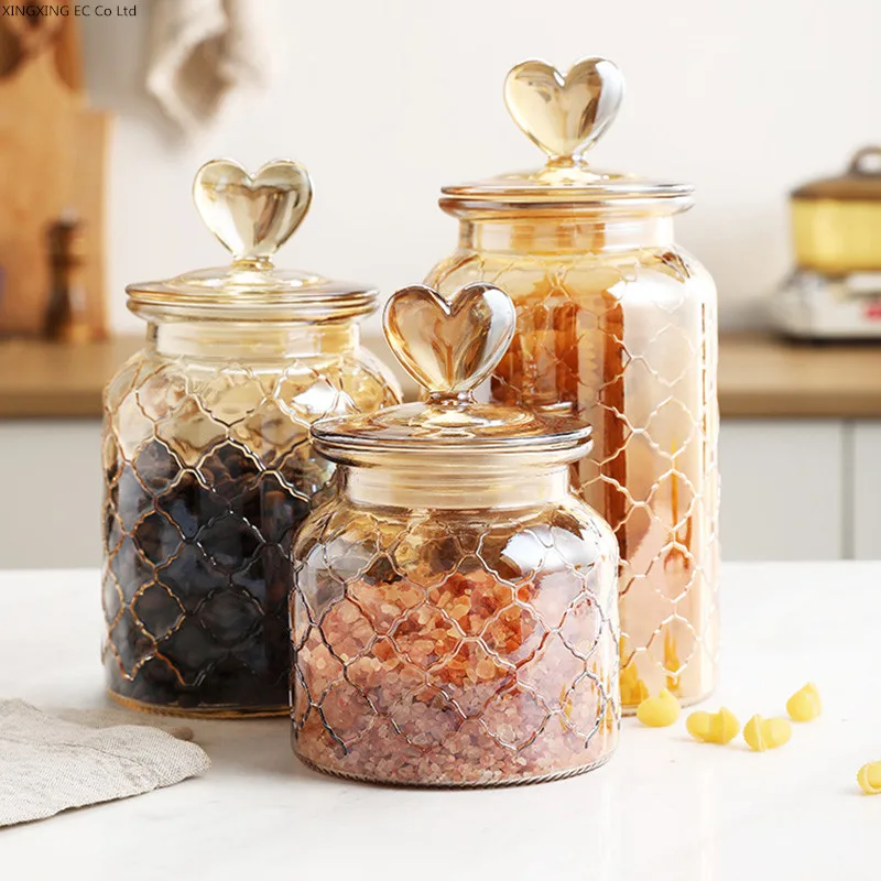 

Stained Glass Jar Grain Dispenser Love Glass Bottle Household Transparent Sealed Kitchen Food Storage Jar Pickle Jar with Lid