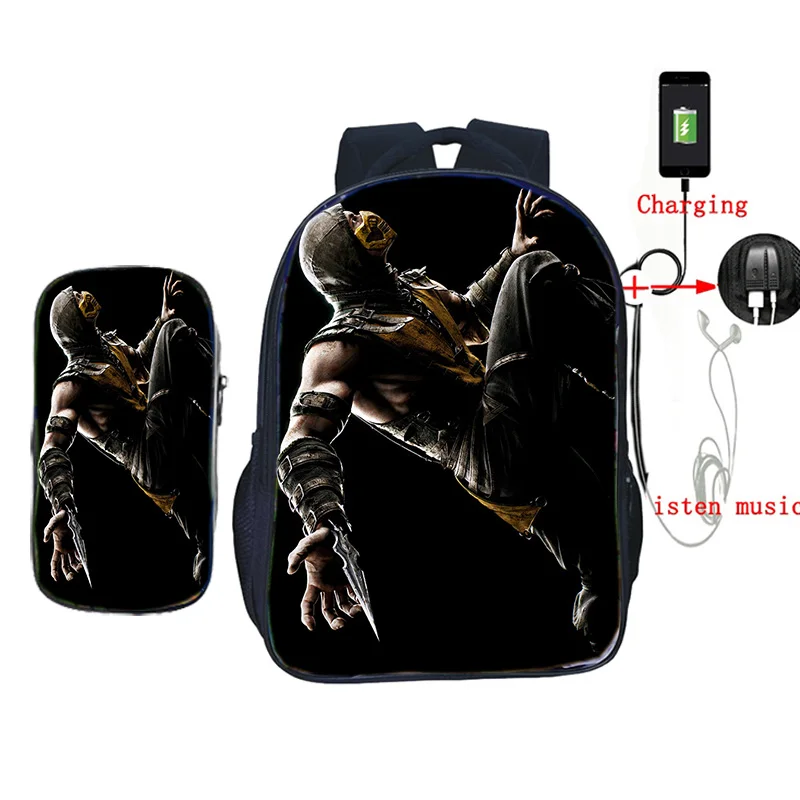 2 шт./компл. USB зарядка школьная сумка Скорпион в Mortal Kombat X маска рюкзак для