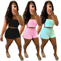 sexy tube top waistless casual split shorts solid color two piece sets women tracksuit solid color elastic sporty matching club