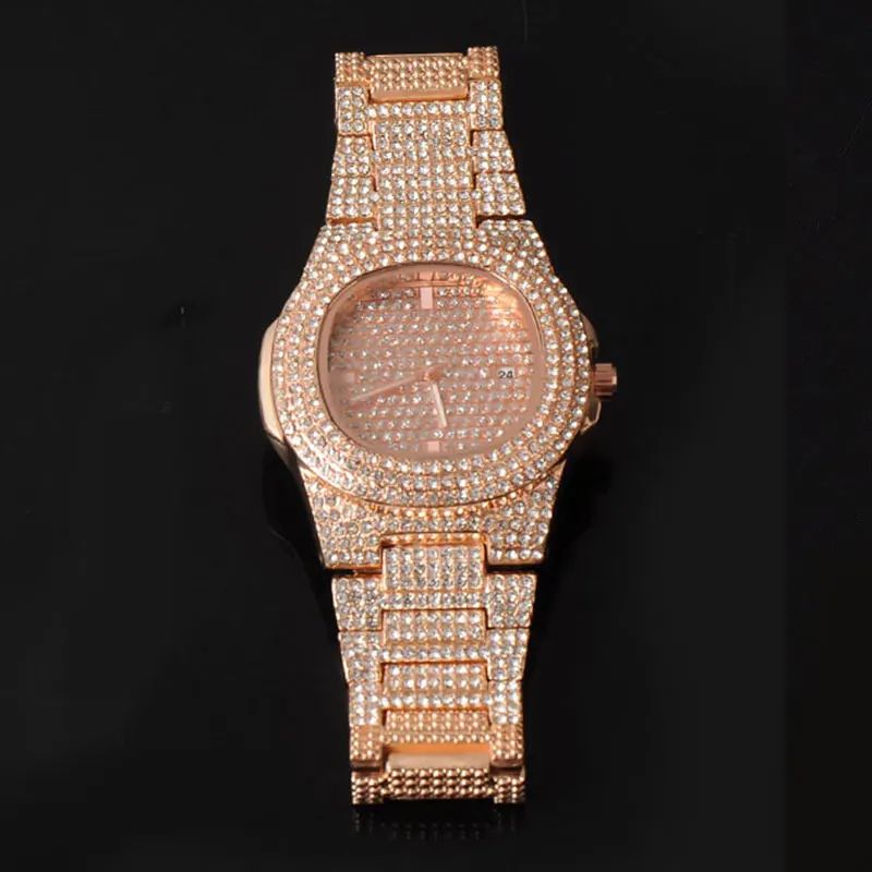 Хип-хоп роскошные часы со льдом + браслет Дата кварцевые наручные с Micropave CZ из