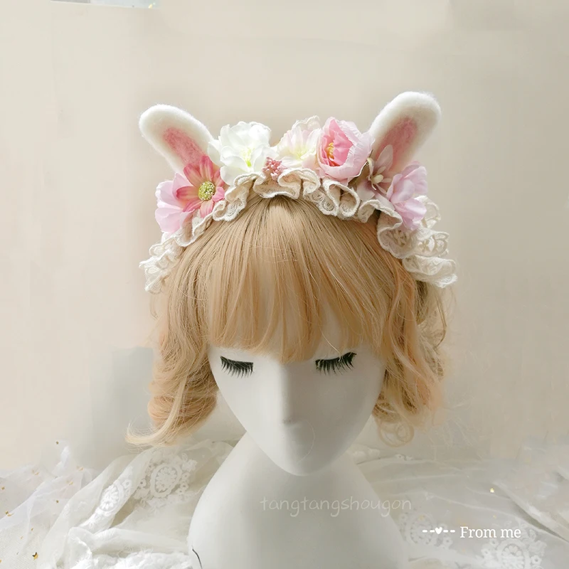 

Original Handmade Lolita Flower Rabbit Eared Headband Cute Sweet All-match Rabbit Eared KC Soft Sister Girl's Headband