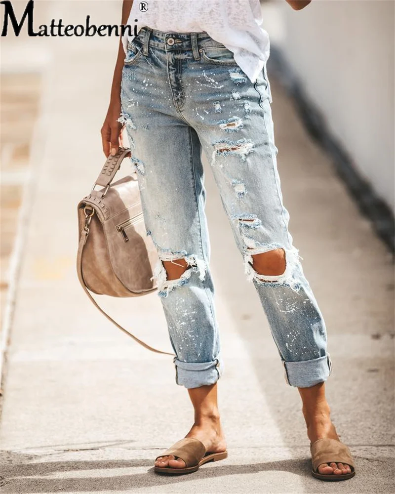 

2021 New Women Fashion Mid Waist Boyfriend Big Ripped Hole Jeans Casual High Street Denim Pants Sexy Vintage Pencil Calca Jeans