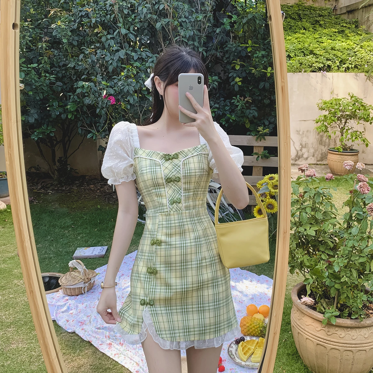 

Женское платье-Ципао в китайском стиле, платье-трапеция в клетку на пуговицах, шифоновое платье с рукавами-фонариками в Корейском стиле, на ...