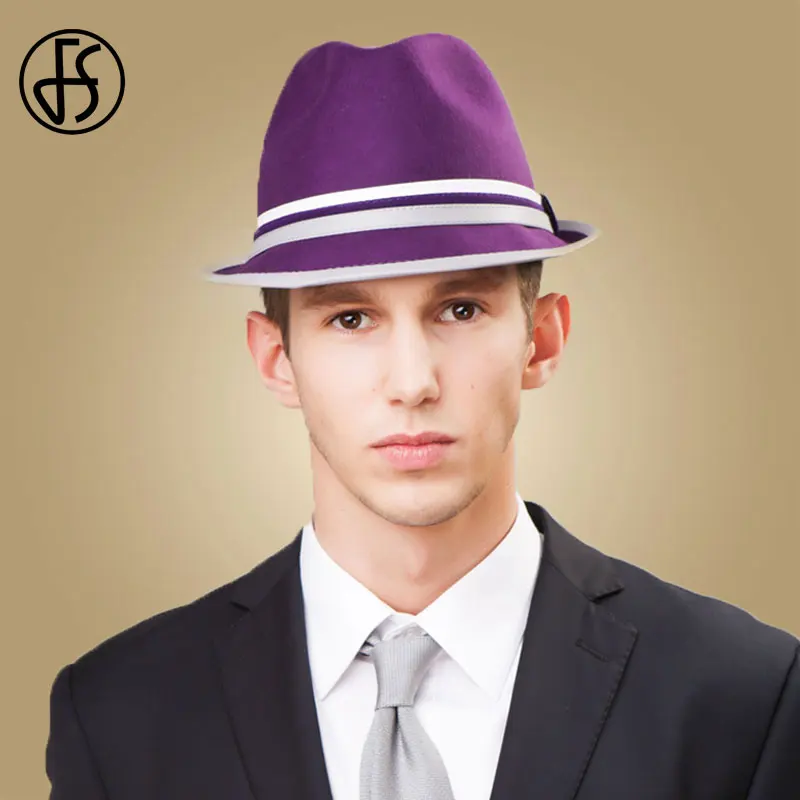 FS фиолетовый топ шляпа для мужчин Шерсть фетровая джаз шляпы с широкими полями