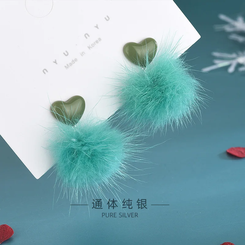 

Korean Fashion Cute Green Purple Fluffy Mink Ball Drop Earrings For Women Autumn Winter Trendy Statement Dangle Earrings Jewelry