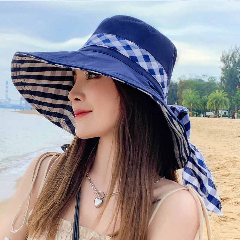 

Maershei Summer Women Cotton Double-sided Plaid Sun Hat Elegant Big Wide Brim Foldable Anti-UV Beach Sun Floppy Hats Flat Caps