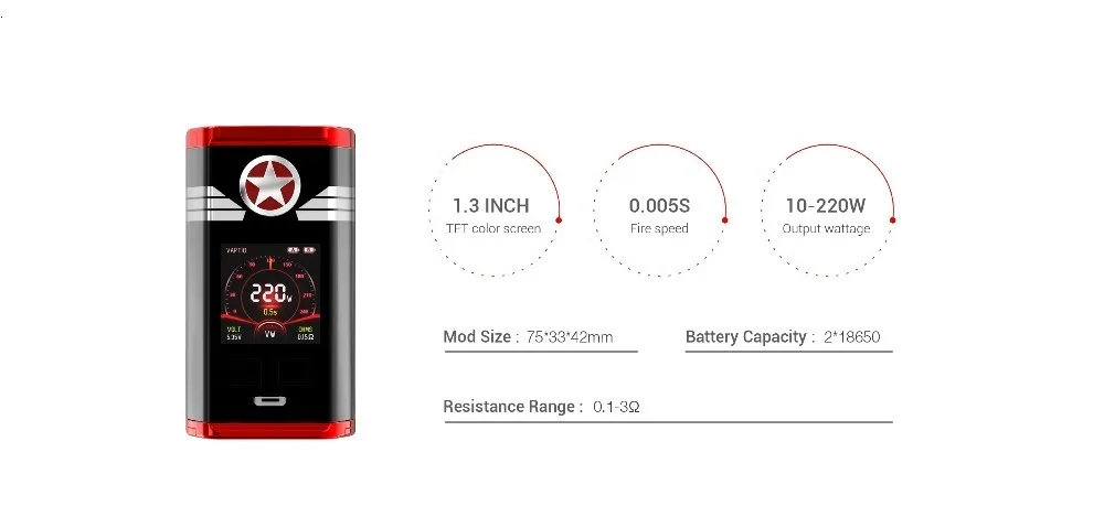 Vaptio CAPT'N 220 Вт мод электронная сигарета vape мод с 1,3 дюймовым oled-экраном поддержка VW 18650 батарея(без аккумулятора