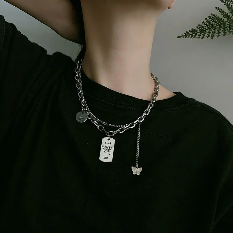 

Fashion simple stainless steel double layered butterfly necklace female titanium steel clavicle chain hot sale