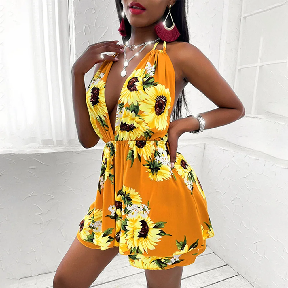 

2021 Summer New Sunflower Printing Backless Fashion Sexy Casual Western Style Women's Dress V-neck High Waist