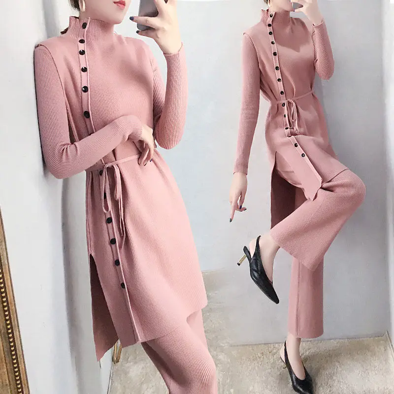 Женский трикотажный костюм тройка элегантный облегающий свитер + жилет широкие