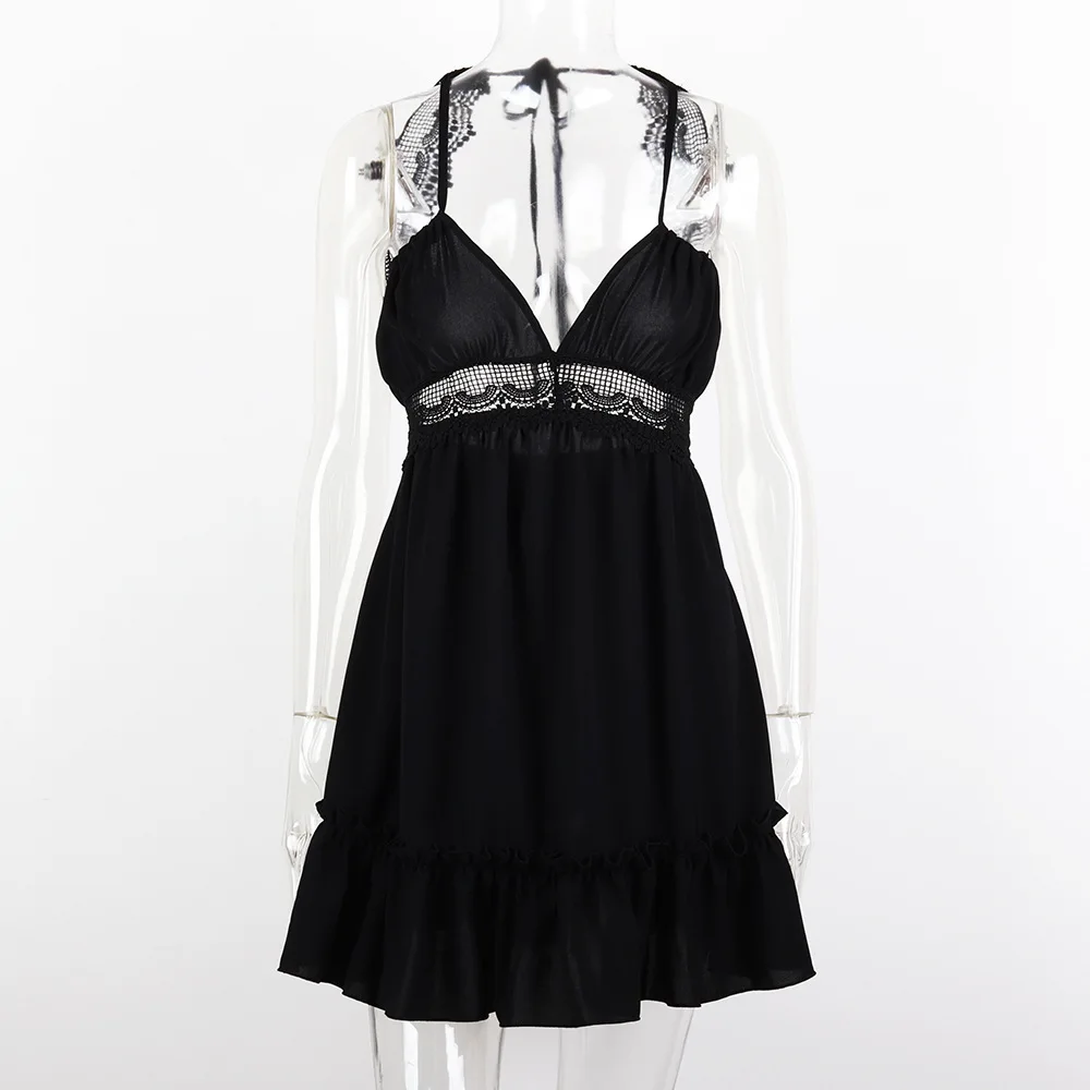 

2021 New Flower Print Dresses Ins Style Sexy Spaghetti Strap Beach Dress Solid Color Lace Dress For Vacation Dress For Women