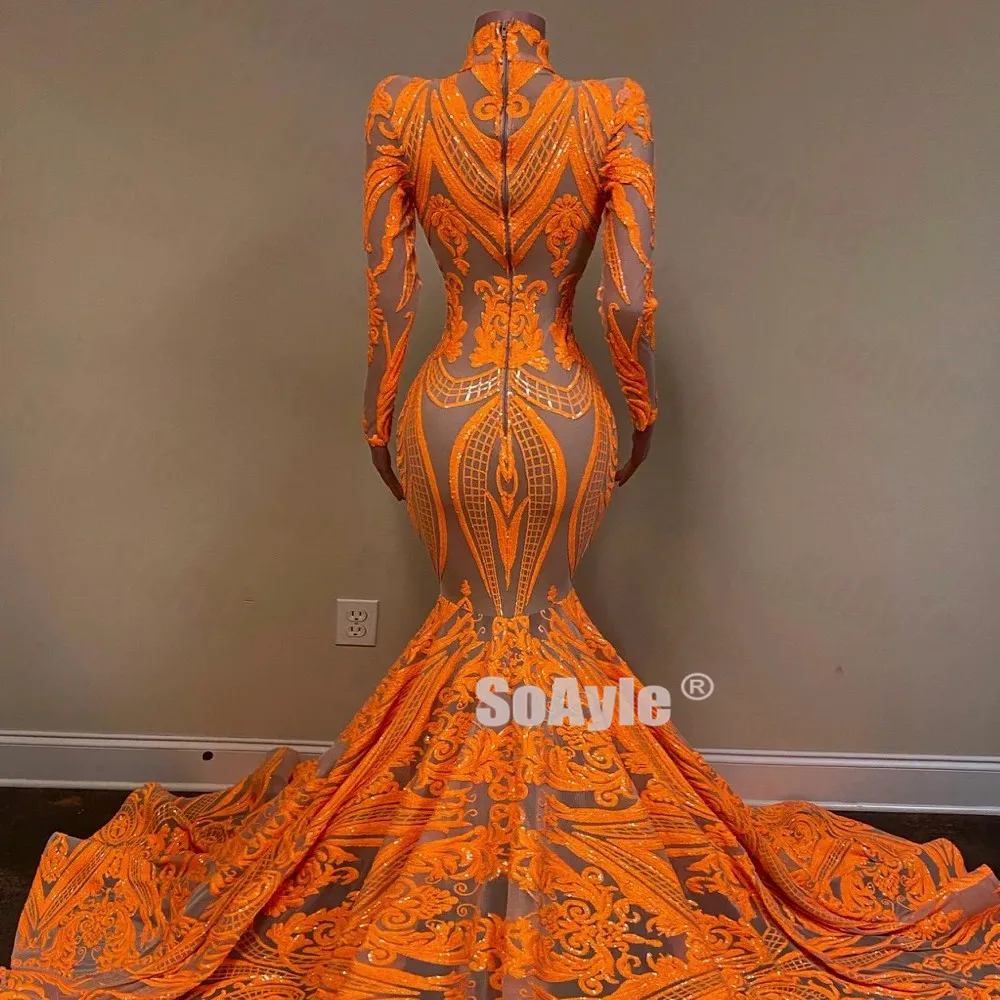 SoAyle Sexy Orange Sheer Neck 2020 Prom Dress long Sleeves Mermaid African Sequins Women's Prom Dresses