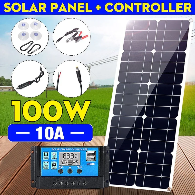 

Монокристаллическая солнечная панель 100 Вт, двойное зарядное устройство USB 18 В/5 В постоянного тока с солнечным контроллером 10 А и кабелями