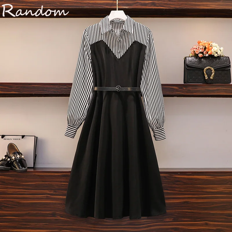 

Женское офисное платье в полоску, лоскутное вечернее платье с длинным рукавом, осень 2020, элегантные повседневные платья-рубашки, осенняя Бо...