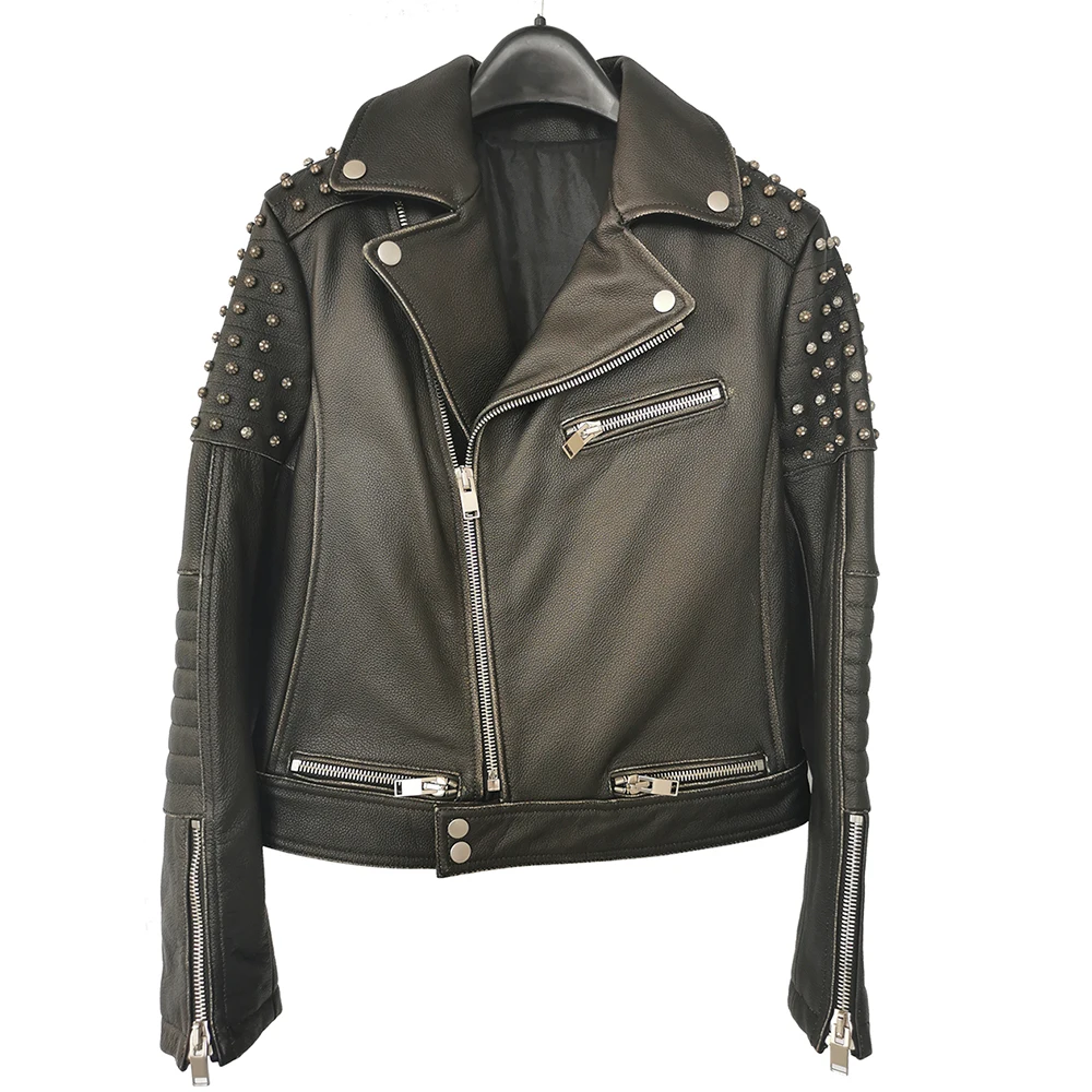 

LOOK! What is the SUPER Factory Quality  Rivets Women Motorcycle Jacket Thick Soft Wine Red Sheepskin Edged Black Cowhide M499