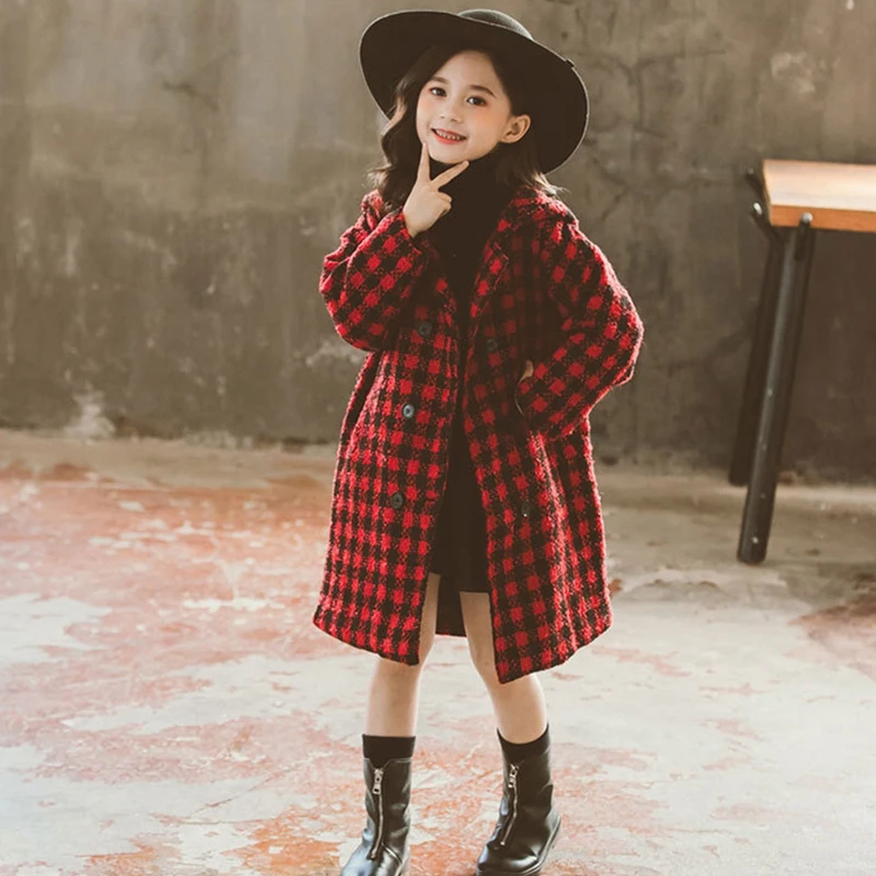Детский плащ для девочек пальто малышей детская куртка Клетчатая Шерстяная