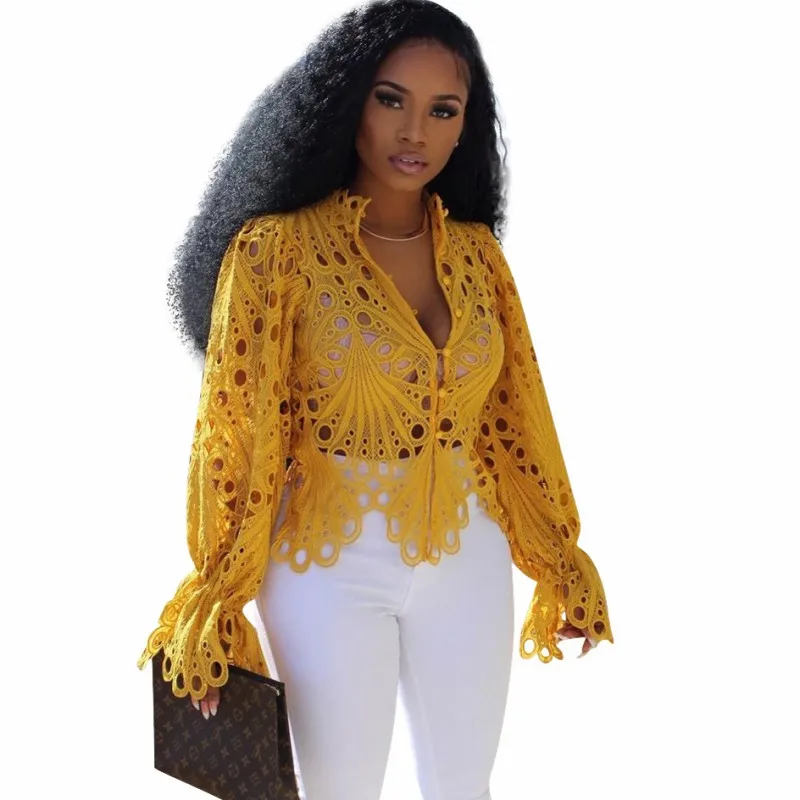 

African-style women's solid color sexy hollow dress neckline full-sleeve shirt tunic coat working lady top