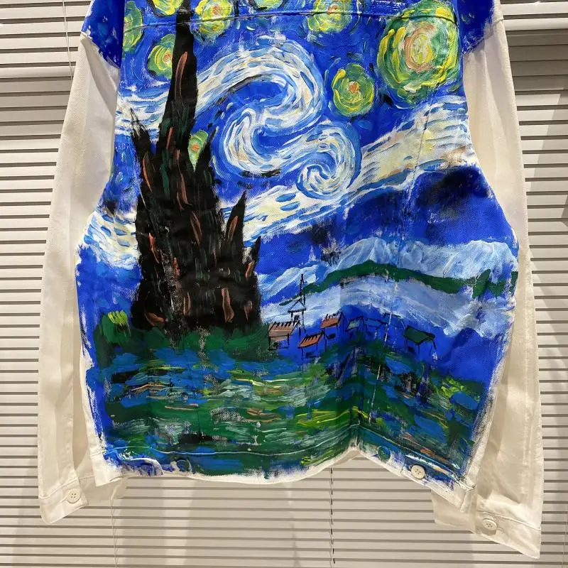 

2021 Spring Autumn Female Denim Coats New Pastoral Starry Sky Graffiti Oil Painting Double Pocket Denim Short Jacket for Women