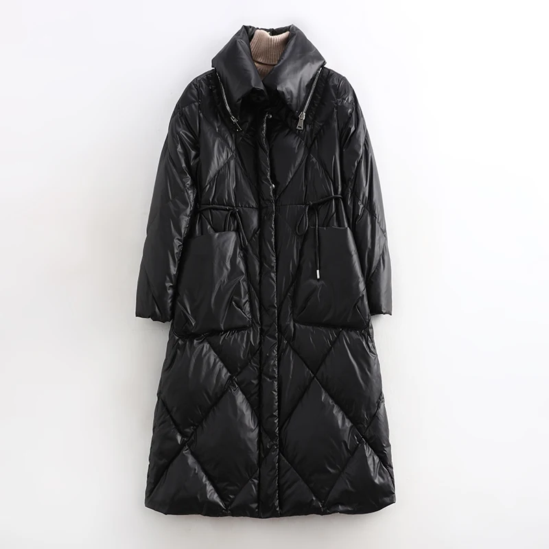 Пуховик на белом утином пуху 2019 женская зимняя куртка длинное толстое черное