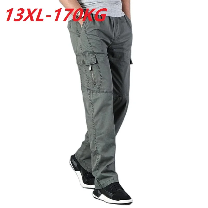 

13XL 170kg Autumn Men cargo pants pocket zipper Summer out door big size pants male simple army green pants Straight trousers
