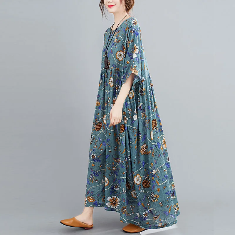 Plus Size Linen Beach Maxi Dresse Vintage Cotton Women Dress Robe Female Floral Printed Boho Summer Dresses 4XL 5XL 6XL | Женская одежда
