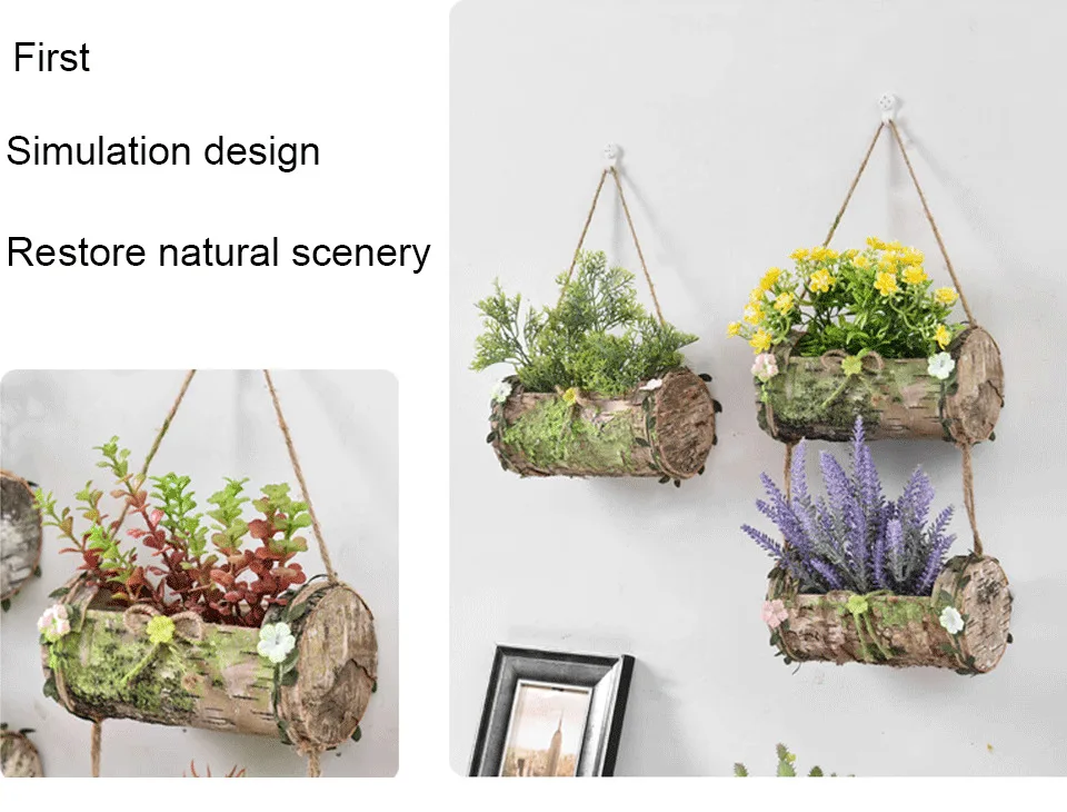 Household Wall Hanging Flower Pot Natural Bark Flower Pot Handmade Hemp Rope Bow Vertical Flower Pot Creative Wall Decoration
