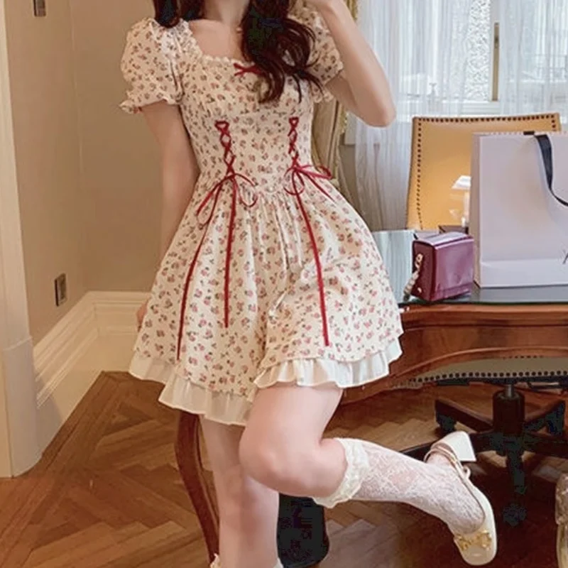 

2021 Women Kawaii Dress Lace Up Summer Patchwork Japanese Sweet Party Mini Dress Short Sleeve Princess Chic Korean Bandage Dress