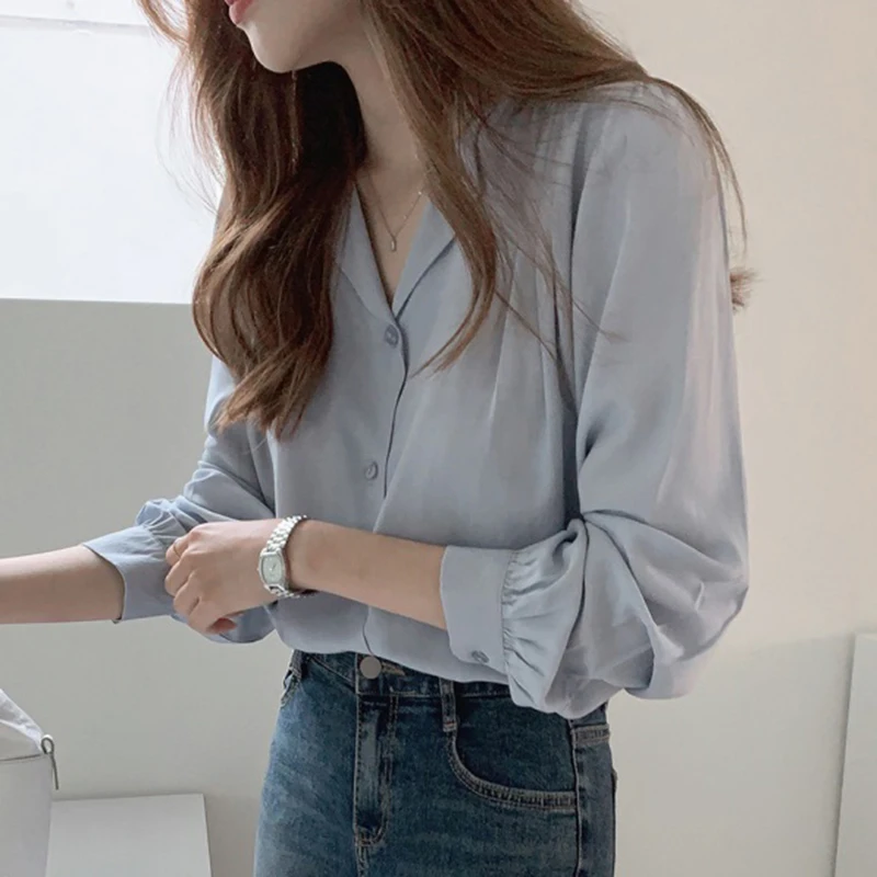 

Casual Elegant Long Sleeve Shirt Women New Korean Loose Solid Color Chiffon Blouse Femme V-Neck Vintage Office Ladies Tops 12485