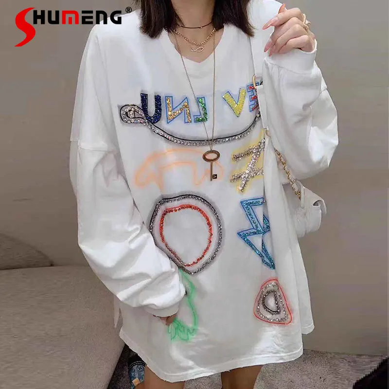 

Женский пуловер с бисером, Свободный Топ средней длины, Толстовка Оверсайз в европейском стиле с вышивкой, осень 2021