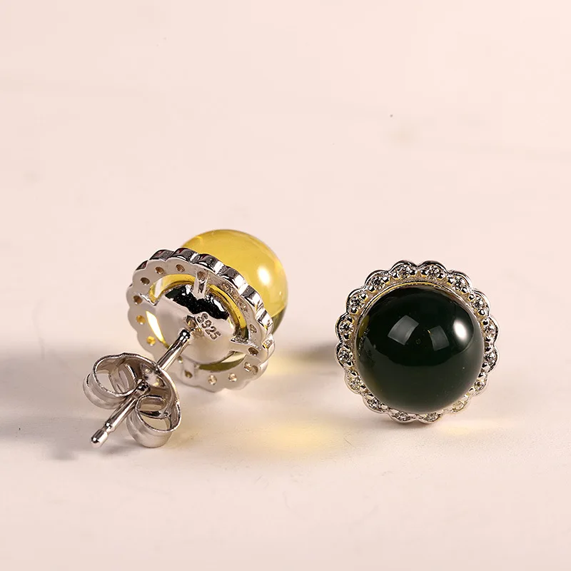 

S925 Sterling Silver Amber Earrings for Women Mexican Natural Blue Amber Earrings Elegant Women's Jewelry Wholesale