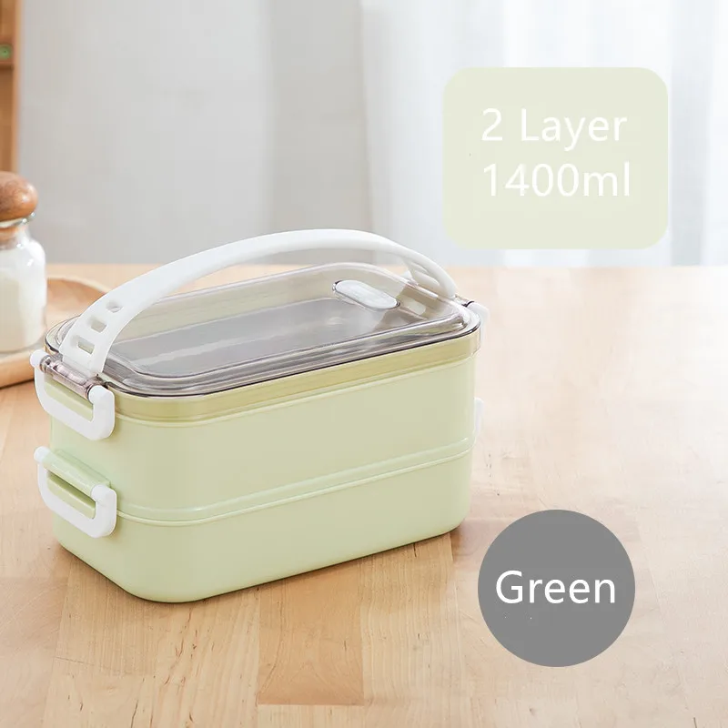 2 Layer Green Портативный Ланч-бокс из нержавеющей стали 304, многослойные коробки для обедов бенто, набор посуды, микроволновая печь для взрослых, детский пищевой контейнер - Цвет: 2 Layer Green