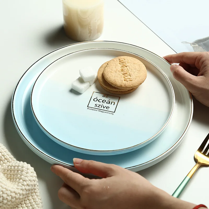 Скандинавская сине белая керамическая тарелка меняющая цвет океанская круглая